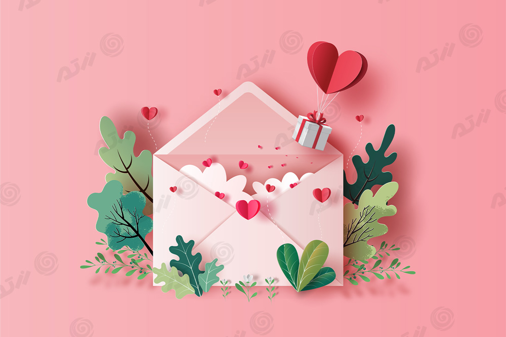 وکتور EPS لایه باز طرح گرافیکی و کاغذی مناسب روز ولنتاین شامل پاکت نامه و بالون قلبی و هدیه